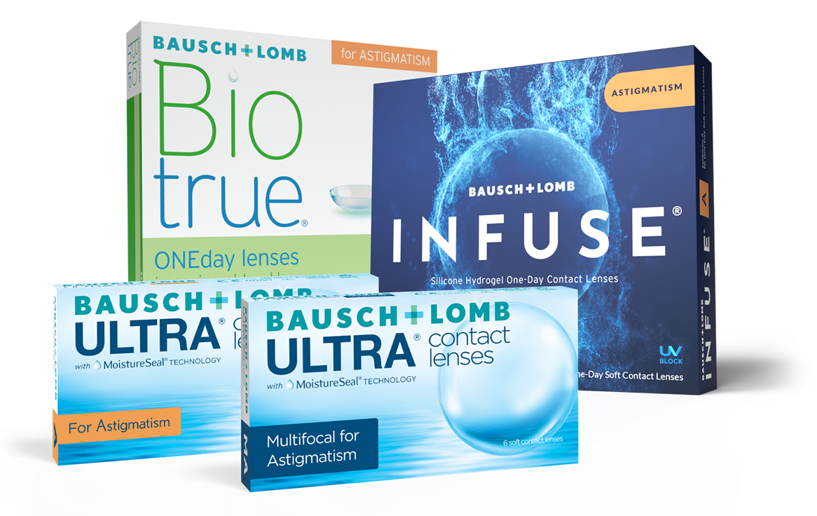 Boxes of Bausch + Lomb Contact Lenses for Astigmatism from Biotrue ONEday and ULTRA.