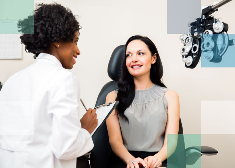 Eye care professional performing a routine eye exam on a patient in an eye care practice.