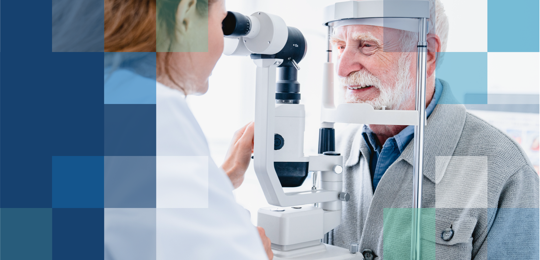 Eye care professional performing eye exam on patient.