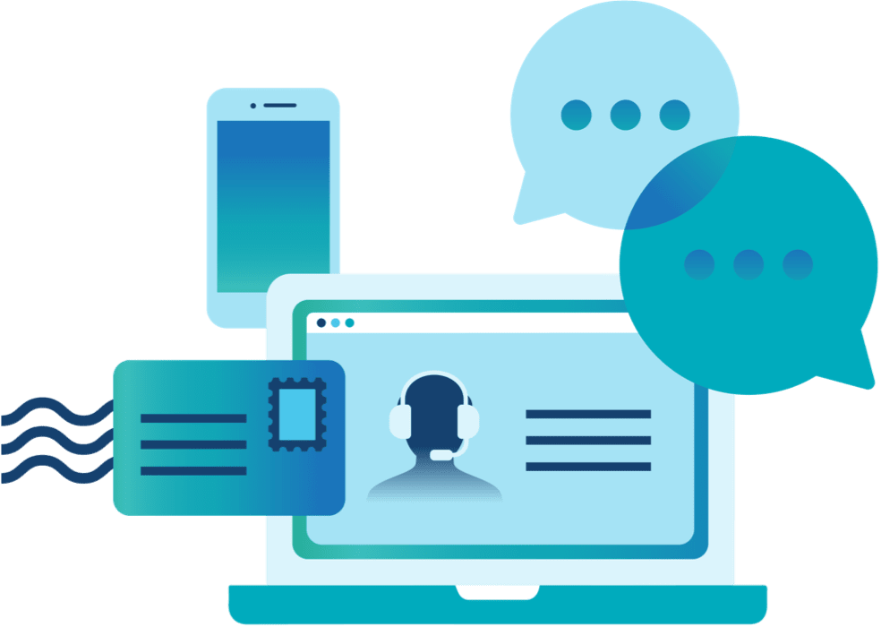  Illustration showing the multiple ways eye care professionals can contact Bausch + Lomb from virtual chat, email, and over the phone.